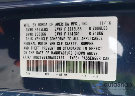 2017 Honda Accord Ex-L V6 from USA, damaged, VIN 1HGCT2B9XHA002941